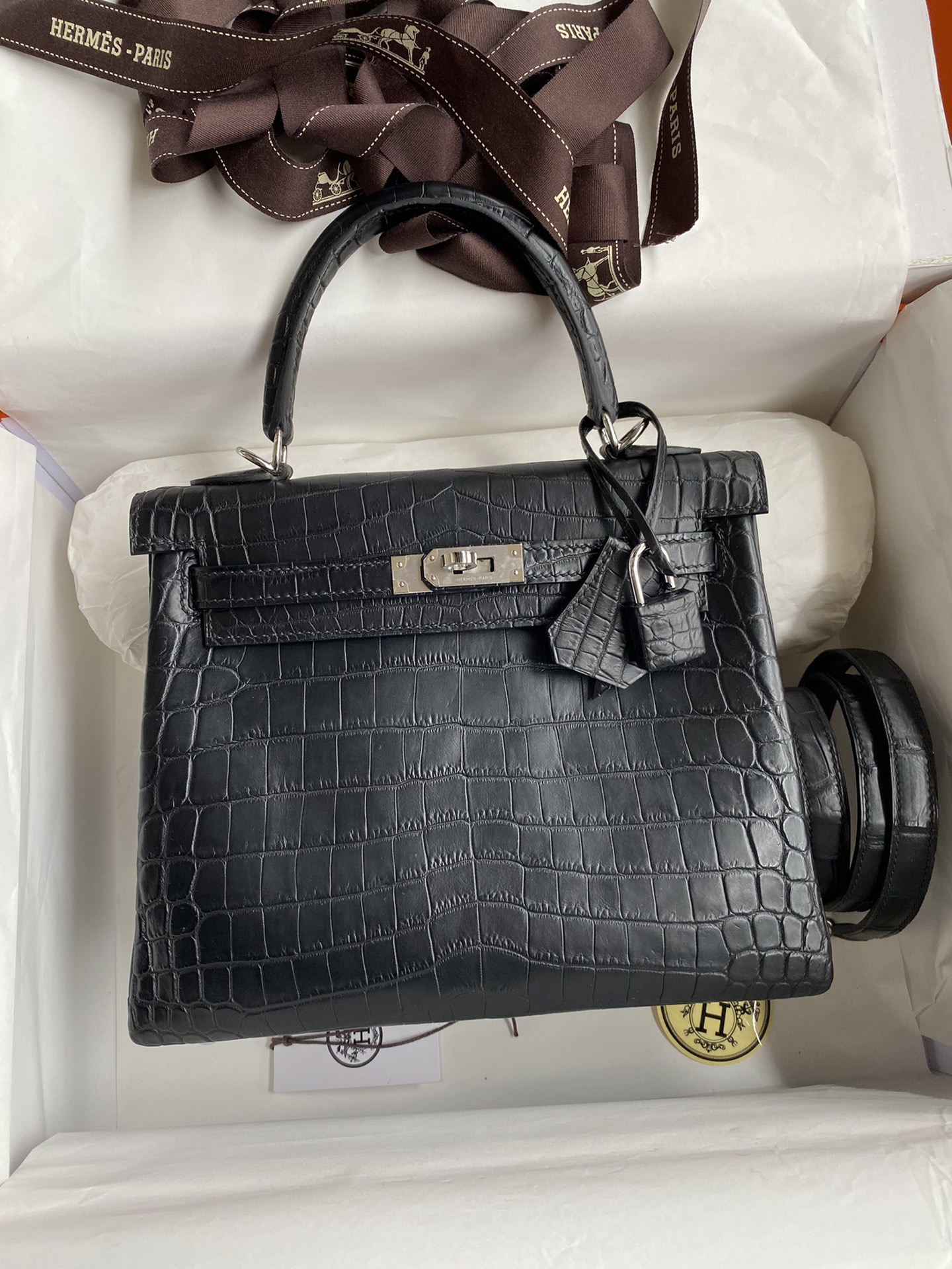 Hermes Kelly 25cm Handbag Shoulder Bag In Black Matte Crocodile Niloticus Leather